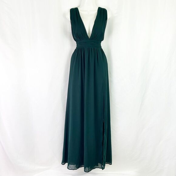 NWT Lulus Heavenly Hues Forest Green Maxi Dress (L) Plunging Georgette Gown - Picture 2 of 13